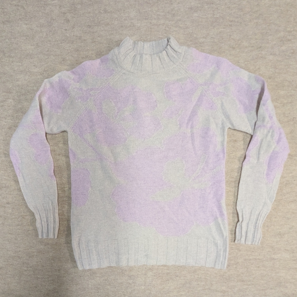 Unique Two Tone Kinross Cashmere Cream & Light  Lavender Floral Sweater Size XS